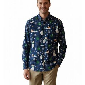 SUITMEISTER Christmas Snowman Casual Button Down Shirt, Men’s M, Blue White